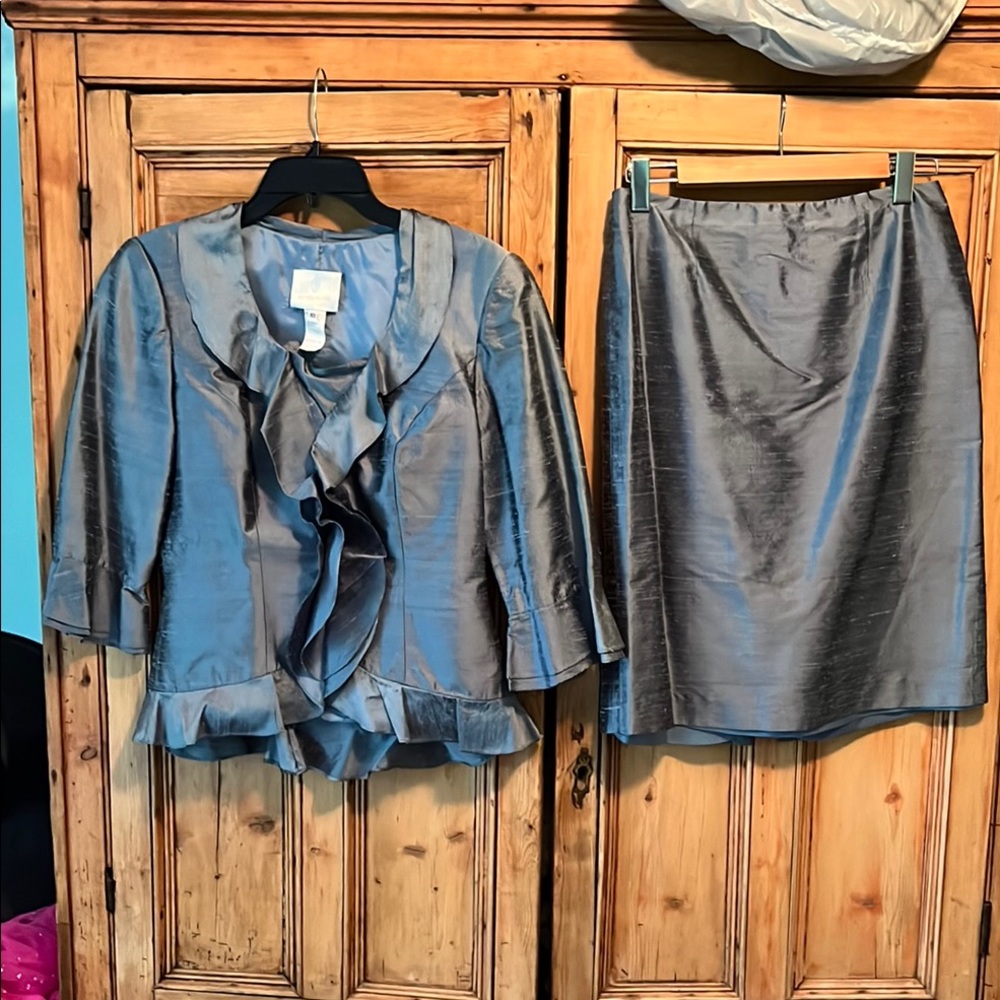 Elegant Silk Slate Blue/Gray Women's Two Piece Skirt Suit Mother of the Bride